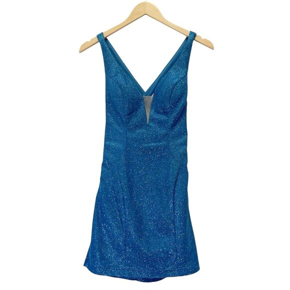 Alyce Paris Mini Dress Size 4 Shimmer Blue Sparkle Cross Strap Open Back #4180 - Picture 2 of 13